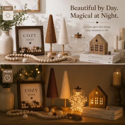 Farmhouse Home Decor Set, Glass Star Fairy Light, Lighted House & Trees