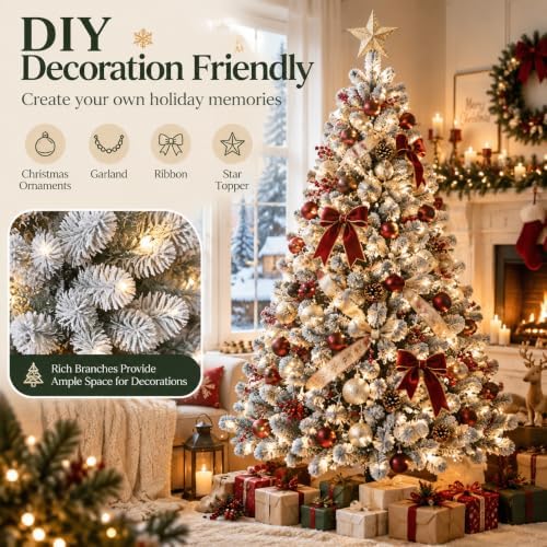Garvee 6 FT Christmas Tree, Prelit Artificial Christmas Tree with 250 Warm White Lights, Realistic Flocked Material, Metal Hinges, Foldable Stand, on/Off Foot Pedal, Holiday Decoration, Green & White