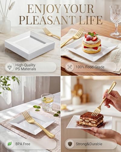 bUCLA 100PCS White Square Plastic Plates-6inch Disposable Cake Plates- Premium Hard Square Small Appetizer Plates for Wedding/Party