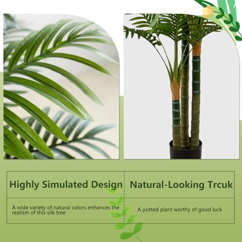 4FT Tall Golden Cane Artificial Palm Tree, Large Faux Palm Tree with 3 Textured Trunks, Outdoor Artificial Plants, Fake Tree for Indoor Office Living Room Outside Patio.