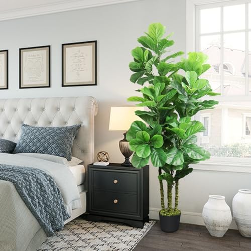 ROOMTEC 2pcs Artificial Fiddle Leaf Fig Tree,6 FT Tall Artificial Tree with Woven Seagrass Plant Basket Fake Floor Plant in Pot for Home Decor Living Room Indoor Outdoor Office Bedroom Decor