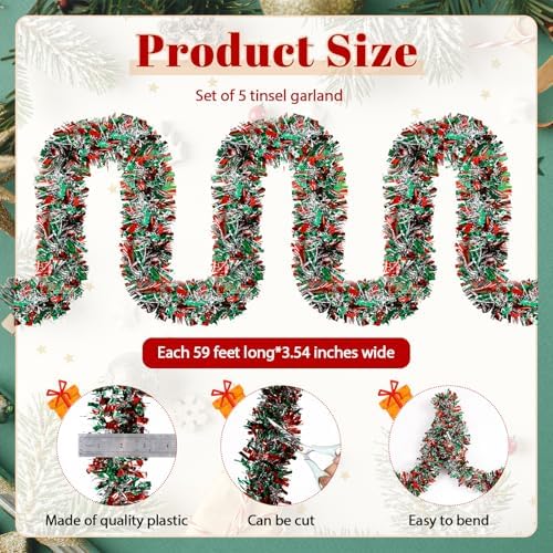 295 Feet Christmas Tinsel Garland, Red, Green, Silver