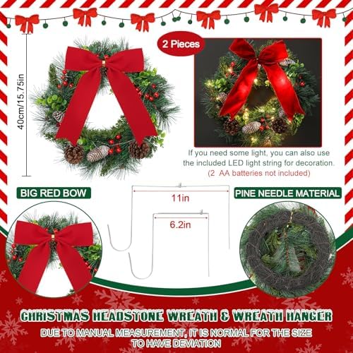 Yuntau 2 Sets Christmas Memorial Cemetery Wreath for Graves Kit Include 2 Pcs 15.8" Gravestone Wreaths 2 Pcs Wreath Hangers for Headstone Adjustable 6"- 11" Winter Xmas Tombstone Decor(Pine)
