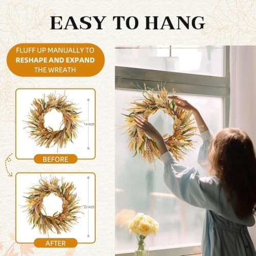 22in Fall Harvest Grain Wheat Farmhouse Wreaths for Front Door