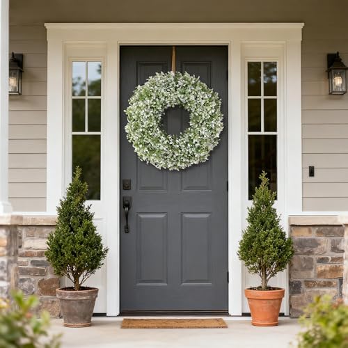 26" Large Artificial Boxwood Wreath for Front Door Decoration (White-Green)