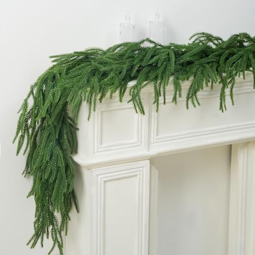 2 PCS-6FT Artificial Norfolk Pine Garlands - Real Touch Winter Pine Garland, Green Artificial Greenery Garland for Table, Mantle, Wall, Indoor, Outdoor Christmas Decorations