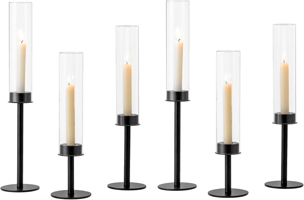Hewory Black Candlestick Holders: 6PCS Glass Hurricane with Metal Base