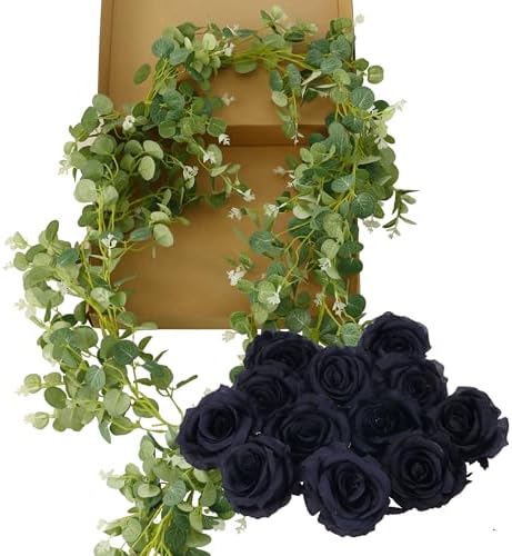 1 Pack Artificial Garland Eucalyptus Vine with 12 Roses for Home Decor Wedding Table Runner Centerpiece DIY Wreath Decor (Black)