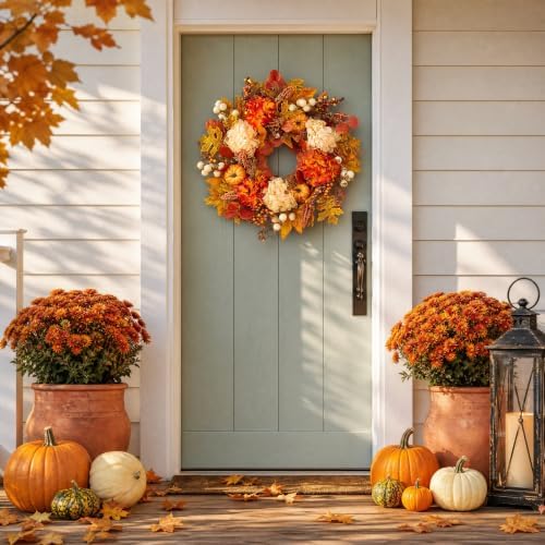 24 Inch Fall Wreath for Front Door, Artificial Autumn Leaves with Pumpkins