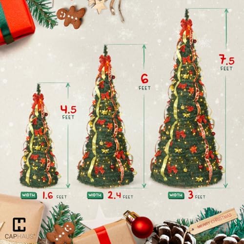 CAPHAUS 6FT Pop Up Christmas Tree with 300 LED Lights, Pre-Lit Foldable Artificial Tree, Pre-Decorated with Red & Golden Ribbon, Collapsible for Indoor Home Office Party Holiday Decoration