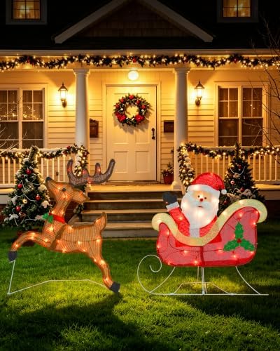 Christmas Lighted Decoration 24 Inch Reindeer with Sleigh & Santa, Xmas