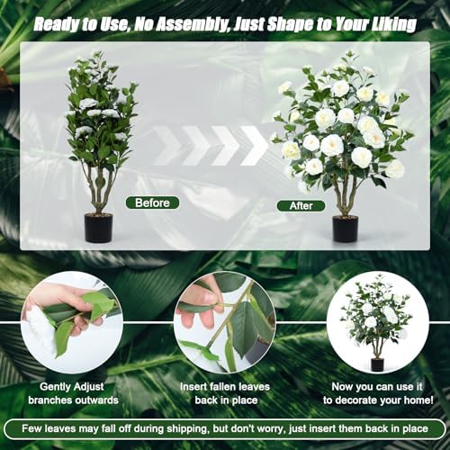 Artificial Camellia Tree 2 Pack 42" with 32 Blooming Flowers in Pot White