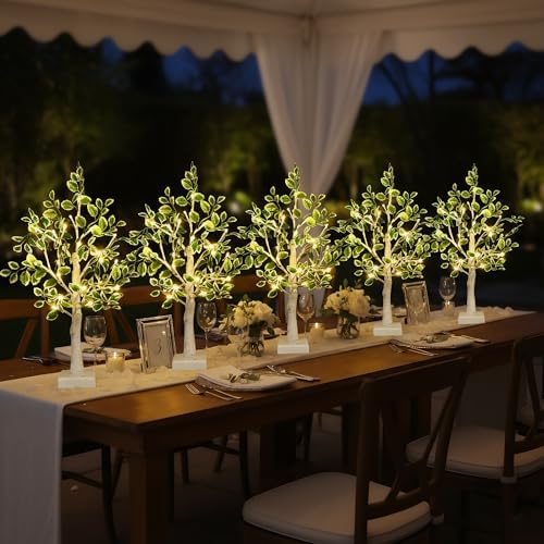 24 LED Artificial Tree Lamp, Lighted Trees for Indoor Decor USB/Battery Powered with Timer, DIY Green Leaves Light Up Tree Fairy Spirit for Table Home Bedroom Spring Decoration