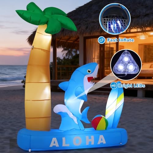 GOOSH 7.4 FT Summer Inflatable Shark with Palm Tree, Surfboard & Beach Ball Outdoor Blow Up Yard Decoration with LED Lights for Hawaiian Beach Party Garden Lawn Birthday Pool Decor