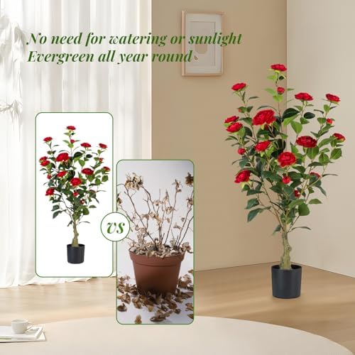 Artificial Camellia Tree 2 Pack, 3FT Faux Camellia Plant in Pot, 36 inch Fake Potted Camellia Flower Tree Plastic Camellia Tree for Modern Home Office Christmas Living Room Floor Decor Indoor, Red