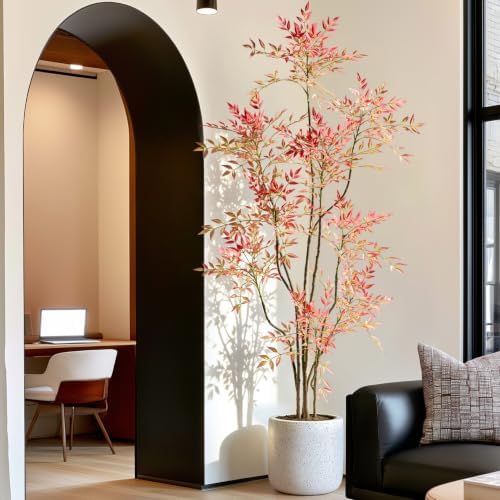 7.2ft Faux Bamboo Tree Artificial Nandina Tree Artificial Indoor Plants Realistic Fake Potted Tree with 800+ Leaves, Cement Planter - Home Office Decor Perfect for Housewarming Gift Non-Toxic