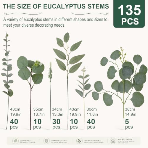 Rowfad 135 Pcs Artificial Eucalyptus Stems, Mixed Greenery Stems for Decor