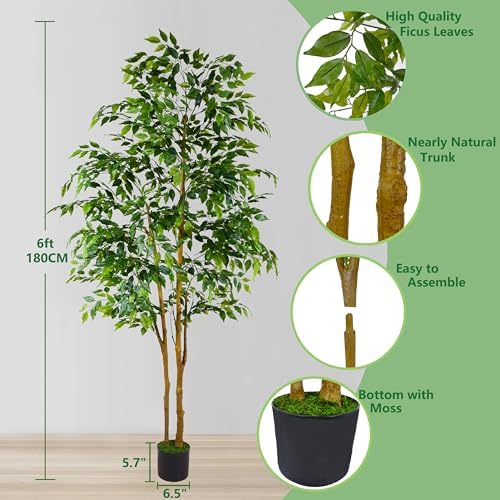 Warmplants Artificial Ficus Tree 7ft Fake Floor Plant with Woven Basket