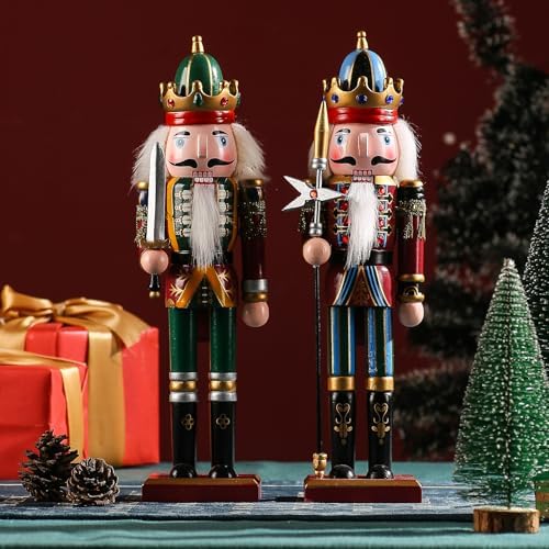 12-Inch Christmas Nutcracker Figurines, Set of 2 Traditional Wooden King & Soldier with Sword & Spear, Handcrafted Standing Holiday Decorations for Fireplace, Shelf, or Tabletop Display