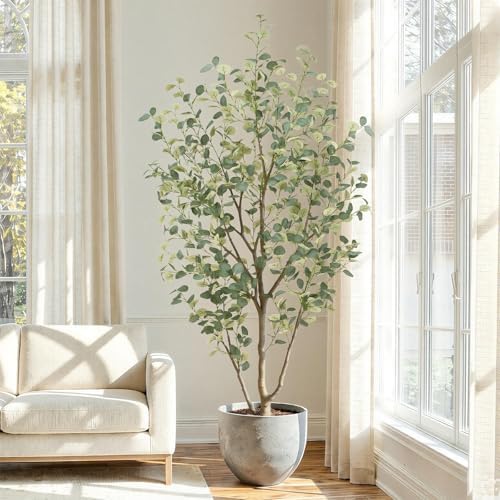 7FT Artificial Eucalyptus Tree Indoor, Faux Eucalyptus Tree with 901 Silk Leaves, Tall Fake Tree - Artificial Tree Indoor for Living Room Office Bedroom Home Decor