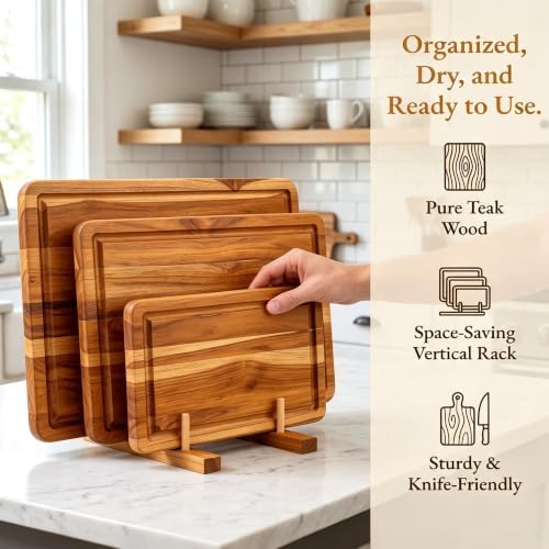3 Pcs Teak Wood Cutting Board Set with Fast Drying Stand for Kitchen
