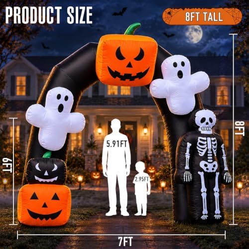 8FT Halloween Inflatable Archway with Pumpkin & Ghost, Built-in LED