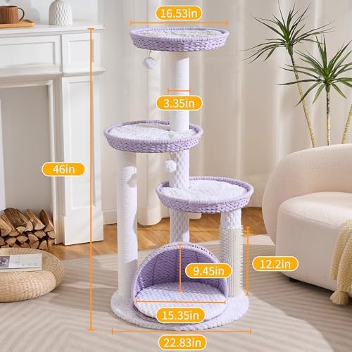 HITTITE Modern Cat Tree Tower with Scratching Post, 46 Inches Tall Cat Towers with Woven Cat Nests and Cave, Multi-Level Cat Tree With Removable Cushions and Massage Brush for Indoor Cats Large Adult.