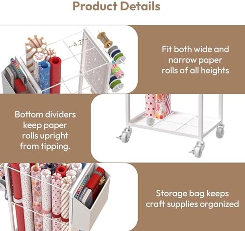 Wrapping Paper Storage Cart Station with 12PCS Slap Bands