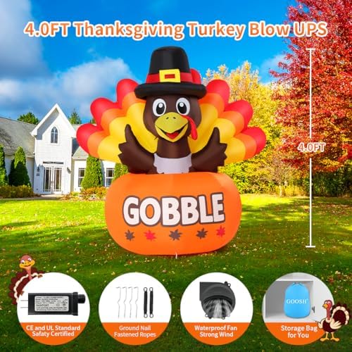 GOOSH 4FT Thanksgiving Inflatables Turkey Outdoor Decorations with Built-in LED Lights,Blow Up Turkey with Pumpkin for Lawn Yard Garden Party House Holiday Decor