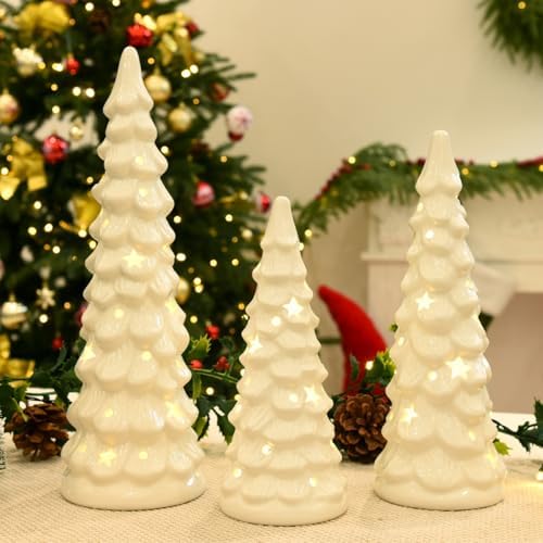Set of 3 White Ceramic Christmas Trees that Light Up Decorations