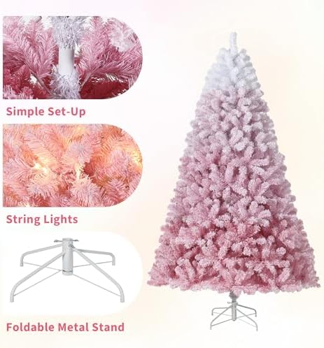 Garvee 6 ft Pre-lit Artificial Christmas Tree with 250 Warm White LED Lights, Snow Flocked Christmas Tree with 750 Branch Tips & Metal Stand, Indoor Outdoor Xmas Decoration, Pink Gradient