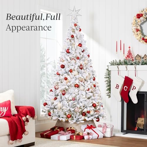 Best Choice Products Pre-Lit White Christmas Tree, 6ft Artificial Snow Flocked Full Fir Tree, Holiday Decoration w/ 250 Lights, 928 Branch Tips