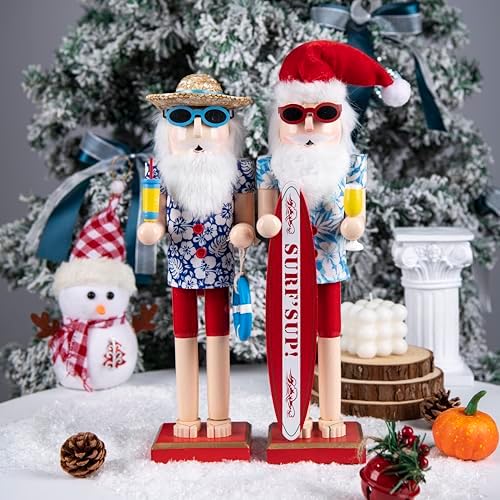 15 Inch Christmas Nutcracker Wooden Summer Nautical Surfer Santa Nutcracker Figure Beach Tabletop Centerpieces Festival Florida Tropical Shelves Decorations (Surfboard+Swim Ring)
