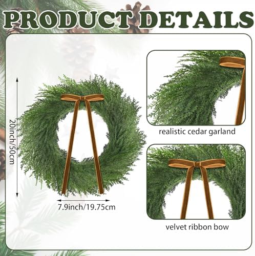 3 Pcs 20 Inch Christmas Cedar Wreath with Khaki Ribbon Bow