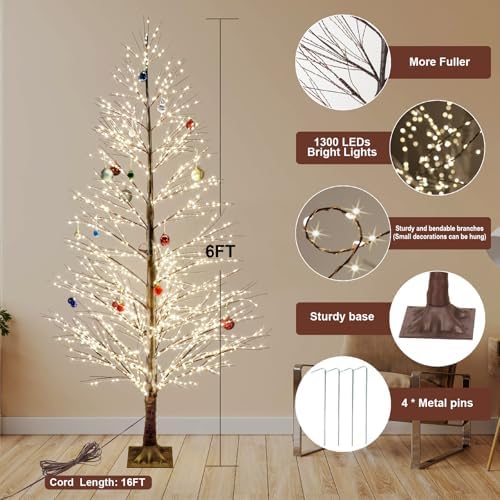 6FT Lighted Birch Tree with 1300 LED Lights, Twinkle Light Brown Christmas Tree with Timer IP44 Waterproof for Indoor Outdoor Festival Wedding Party Christmas Decorations