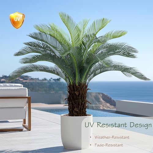 Bellacat 4ft UV Resistant Faux Sago Palm Tree with Natural & Lifelike Bark, 48in Super Full Artificial Cycad Tree with Realistic Leaves, for Home Office Patio Porch Front Door Decor.