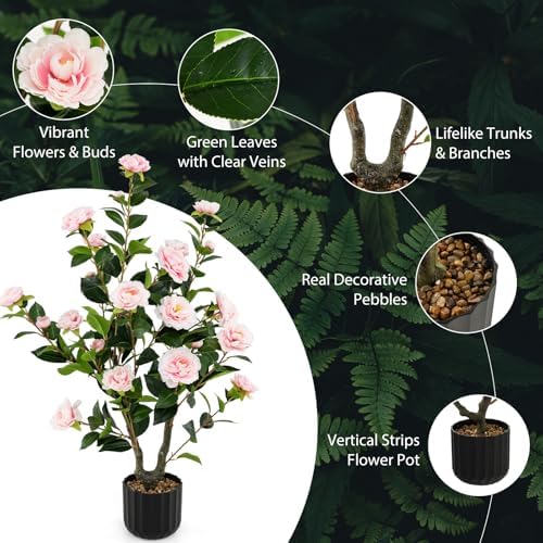 Goplus 38’’ Artificial Camellia Tree, Flower Plants Artificial Tree