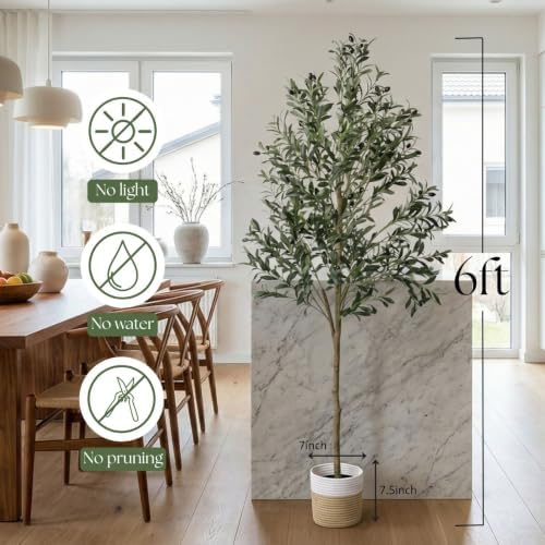 Artificial Olive Tree, 6ft Faux Tree with Woven Basket for Home Decor