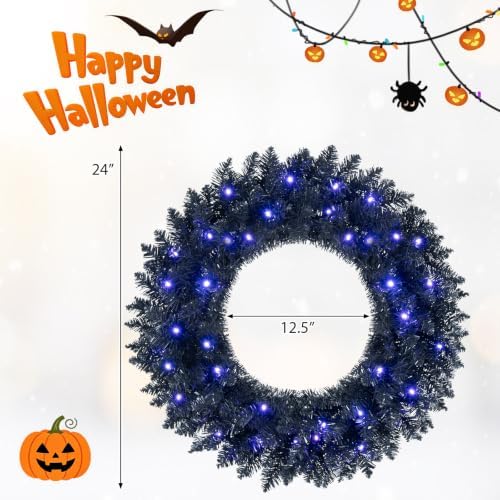 Goplus 24" Black Christmas Wreath with 35 Purple LED Lights, for Halloween