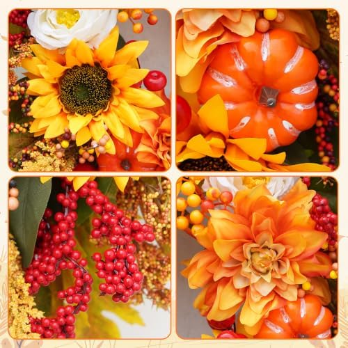 Fall Wreaths for Front Door, 24 Inch Autumn Wreath Luxury Harvest and Thanksgiving Indoor & Outdoor, Fall Door Wreath with Dahlias, Sunflowers,Peony&Pumpkins, Fall Wreath for Outdoor Wreaths
