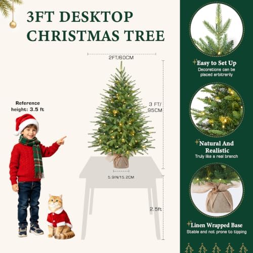 Alupssuc 3ft Prelit Artificial Mini Christmas Tree for Tabletop Desk Decor