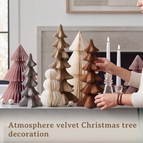 Newwiee 3 Pcs Christmas Velvet Trees Velvet Tabletop,Brown, Gray