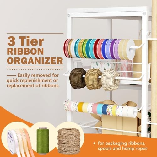Wrapping Paper Organizer Storage with Wheels, Rolling Gift Wrap Cart with Ribbon and Gift Bag Storage, Craft Organization with 20 Roll Holders and 3 Drawers, White