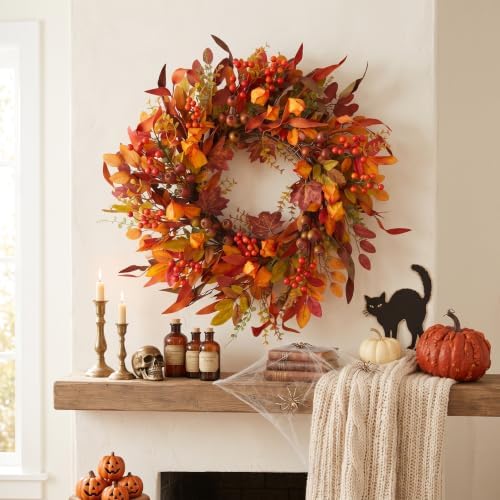 24 inch Berry Branches Fall Wreath for Front Door with Colorful Leaves