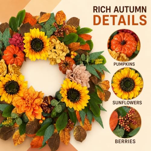 24 Inch Fall Wreaths for Front Door with Pumpkins, Sunflowers & Berries