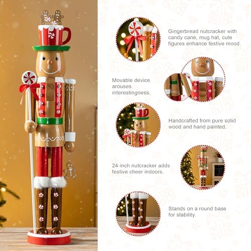 Glitzhome 24" H Nutcracker Christmas Decor Wooden Nutcracker Ornaments Gingerbread Man Nutcracker Figurine Traditional Christmas Decor for Tables Desktop Porch Holiday Festive