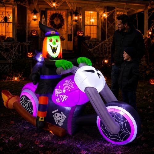 7FT Gaint Halloween Inflatables Witch on Motorcycle with Black Cat,Blow Up Outdoor Decorations with LED for Yard,Lawn, Garden, Porch and Party
