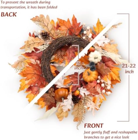 Fall Wreath for Front Door, 22 Inch Woodland Autumn Harvest Wreath