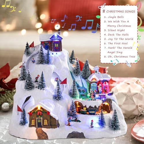 VCUTEKA Christmas Village Collectible Building, Snowy Mountain with Ski Slopes and Revolving Train Lighted Musical Village Addition to Your Christmas Indoor Decor