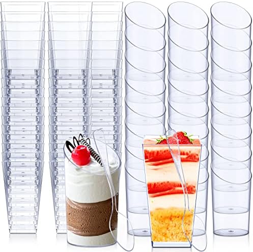 Nuogo 200 Pcs Mini Dessert Cups with Spoons Include 3 oz Square Plastic Appetizer Cups 2.5 oz Slanted Round Parfait Shooter Cup Small Clear Mousse Pudding Cup for Wedding Baby Shower Birthday Party (400 Pcs)